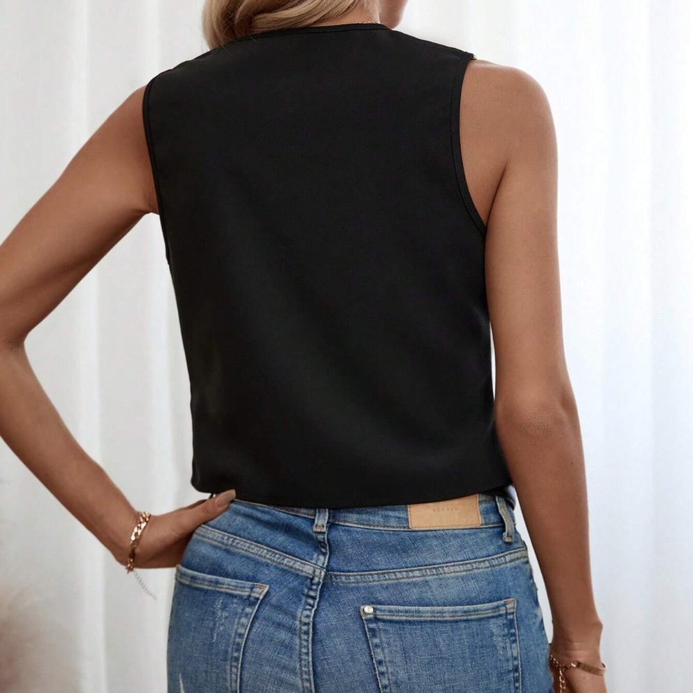 Black & White Preppy Womens Two Tone Button Front Vest Blazer - Picture 2 of 5